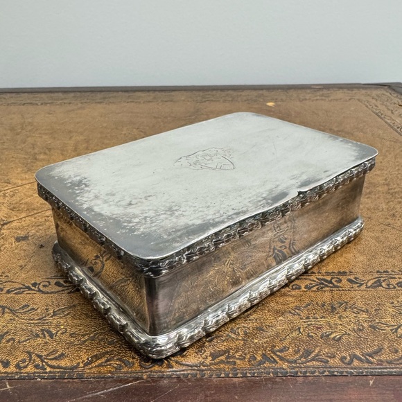 Engraved with a crest very heavy Sterling silver plated vintage jewelry box